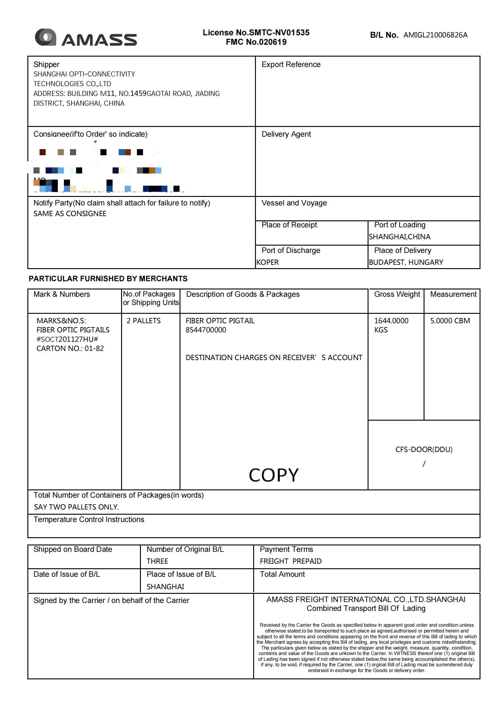 摩洛哥 Bill Of Lading Copy 00