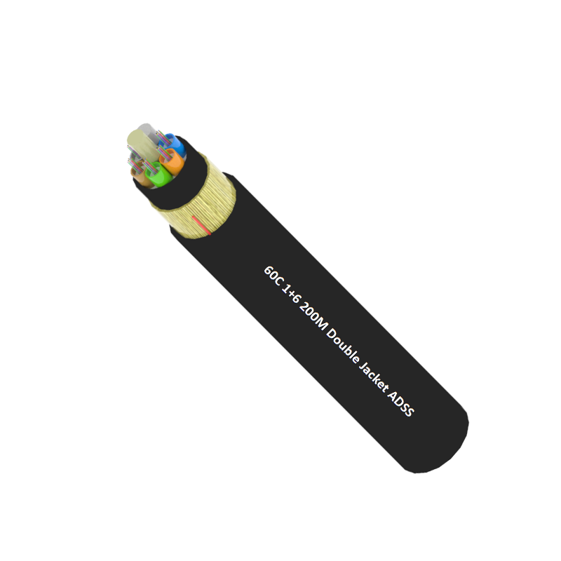 كابل ضوئي هوائي ADSS مزدوج الغلاف أحادي الوضع G652D، 60 نواة، بمدى 200 متر.png