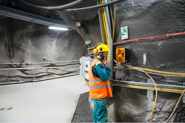 Una imagen que muestra una operación minera moderna: un camión de transporte automatizado, una sala de control con monitores conectados por fibra y cables de fibra óptica resistentes que recorren la pared del túnel de una mina.